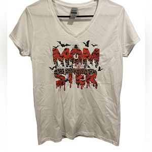 Gildan White Cotton Short Sleeve V Neck Alternative Graphic Momster Tee Shirt